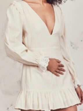 LoveShackFancy Cream Long Sleeve V‑Neck Ruffle Hem Dress